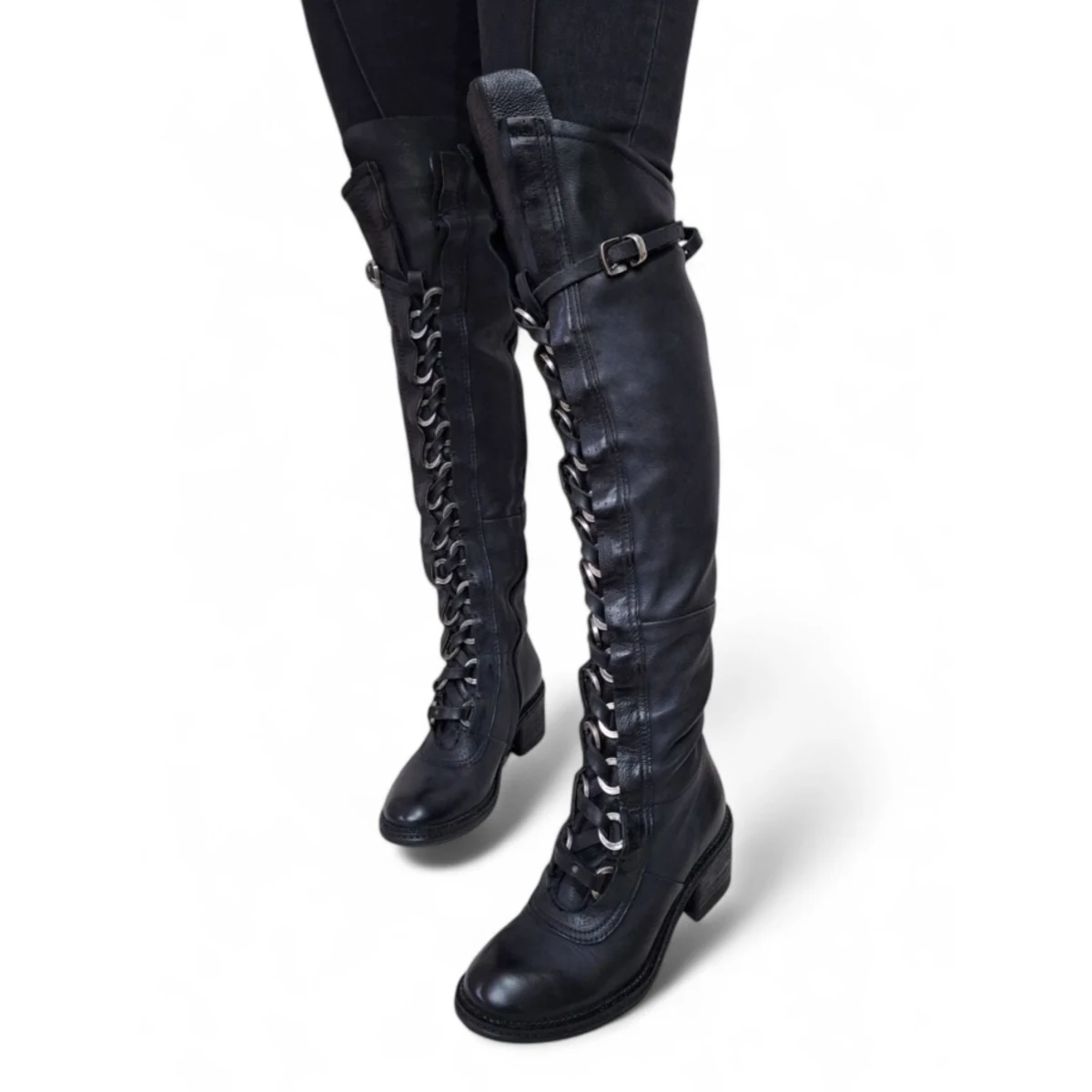 Black leather A.S.98 Bardo boot featuring an asymmetrical cuff and an antiqued silver-tone buckle strap across the vamp