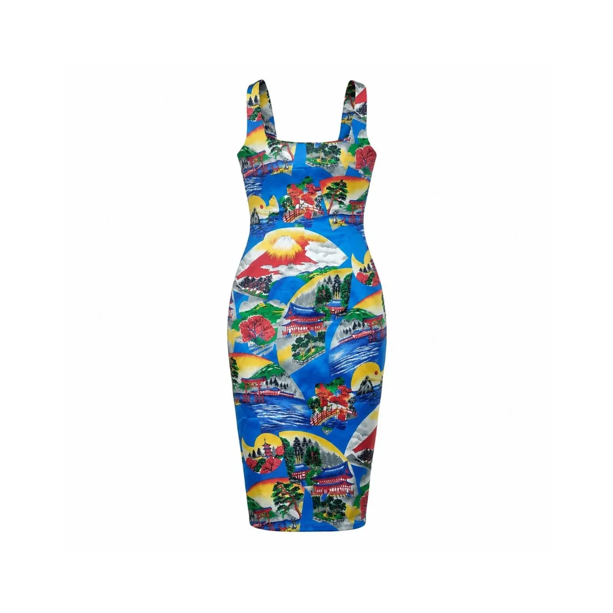 Vintage 1990s Dolce & Gabbana Japanese Scenes bodycon midi dress featuring Mount Fuji and pagodas