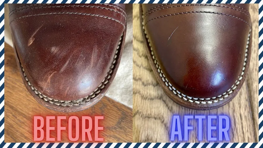 Worn leather boots being revived with DIY repair tools and polish