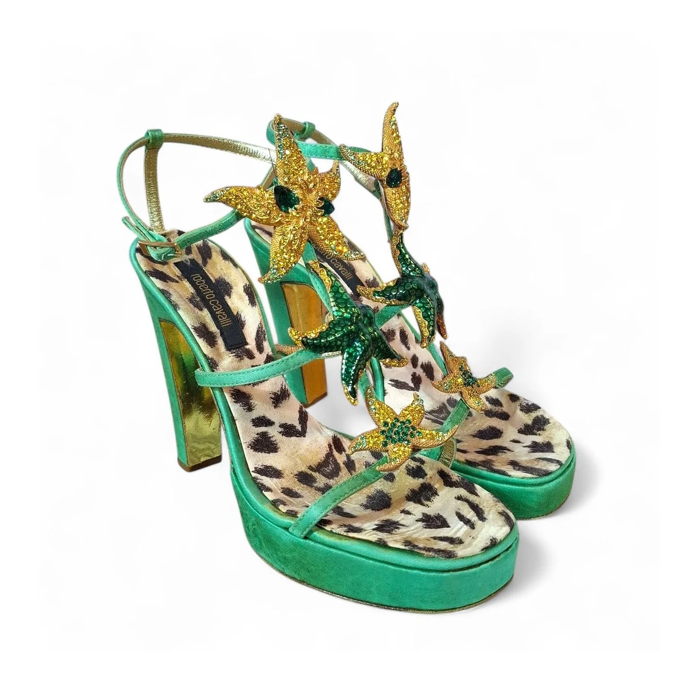 Rare Roberto Cavalli early-2000s starfish rhinestone platform sandal in aqua satin with crystal sea-star embellishments and leopard-print insole.