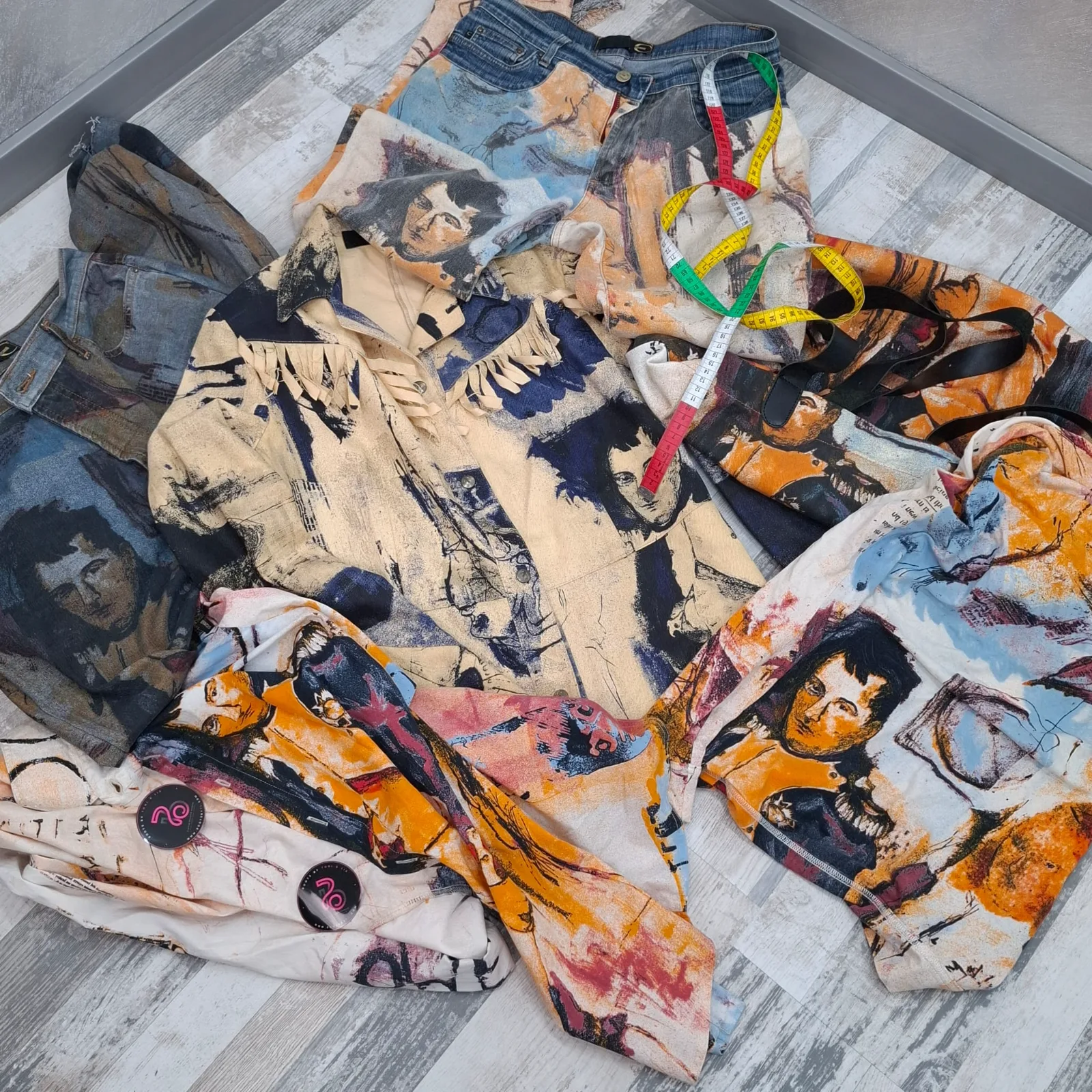 Multicolor abstract graphic print Just Cavalli archival jeans featuring a prominent portrait of Napoleon Bonaparte and classic five-pocket styling