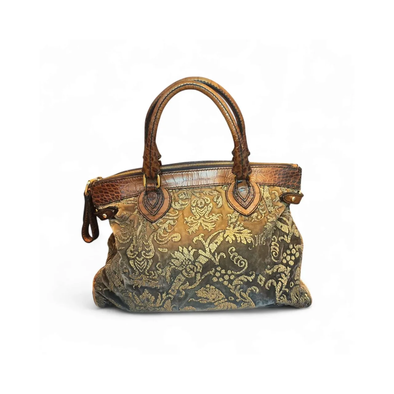 Roberto Cavalli 2006 vintage brocade and crocodile leather tote bag front view