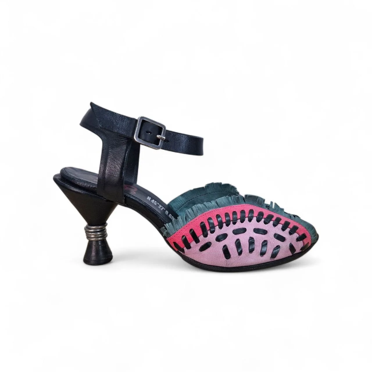 A.S.98 leather pointed-toe sandals featuring a multi-toned pink and green watermelon colorway with decorative whipstitching and geometric cutouts