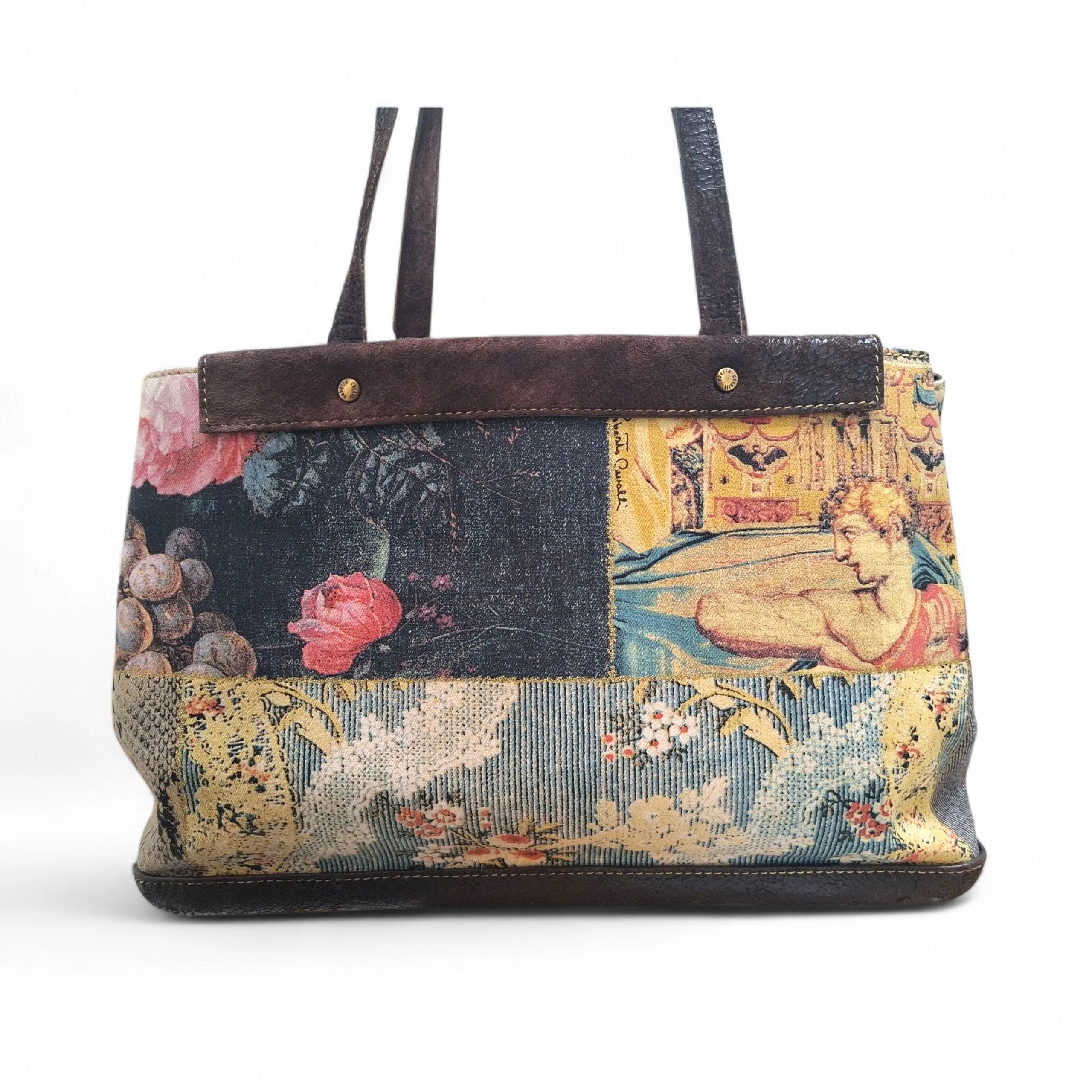 Front view of Roberto Cavalli mainline tote bag featuring red floral tapestry and brown leather top overlay