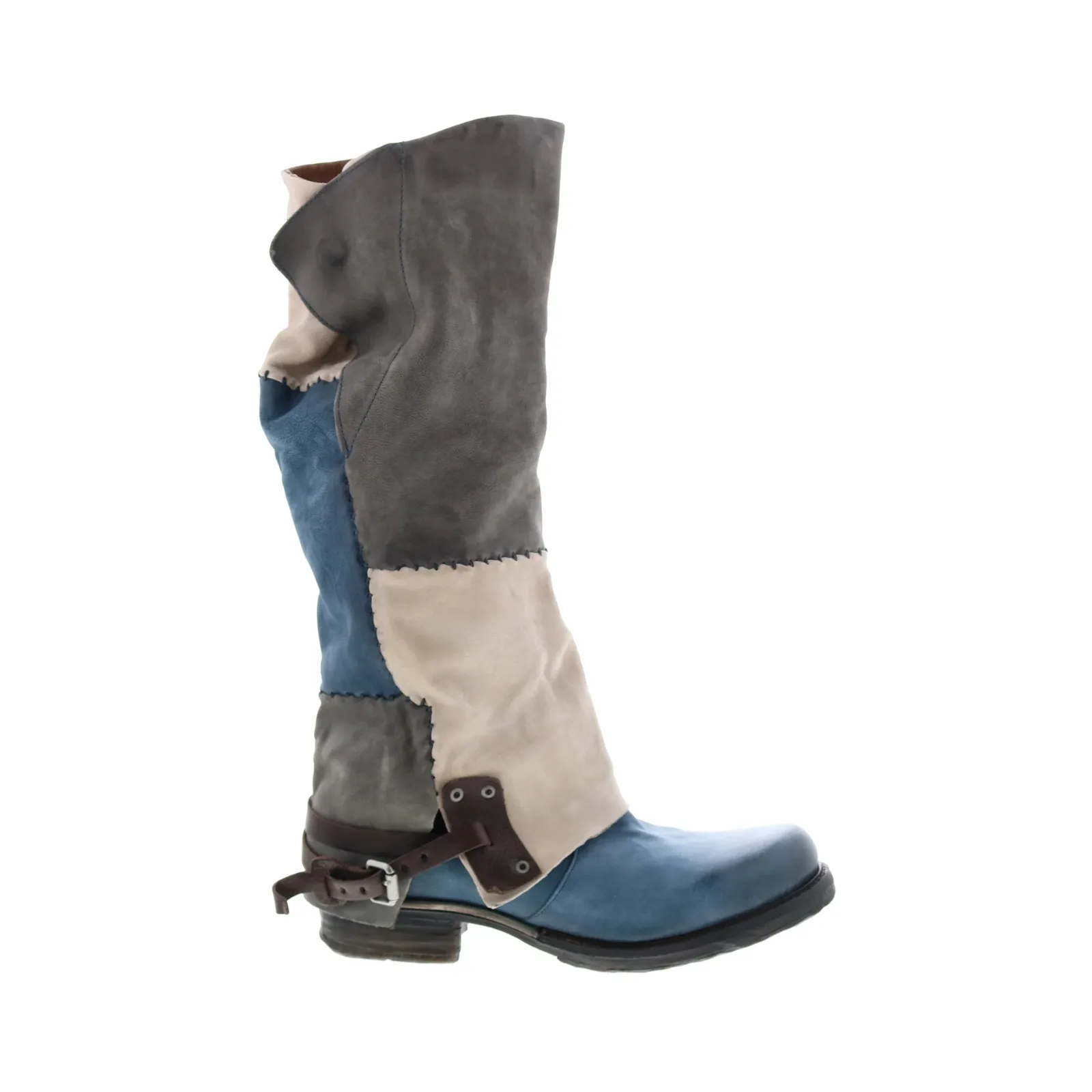 A specific configuration of the A.S.98 Salvador knee-high leather boot featuring dark burgundy, chocolate, and beige patchwork panels